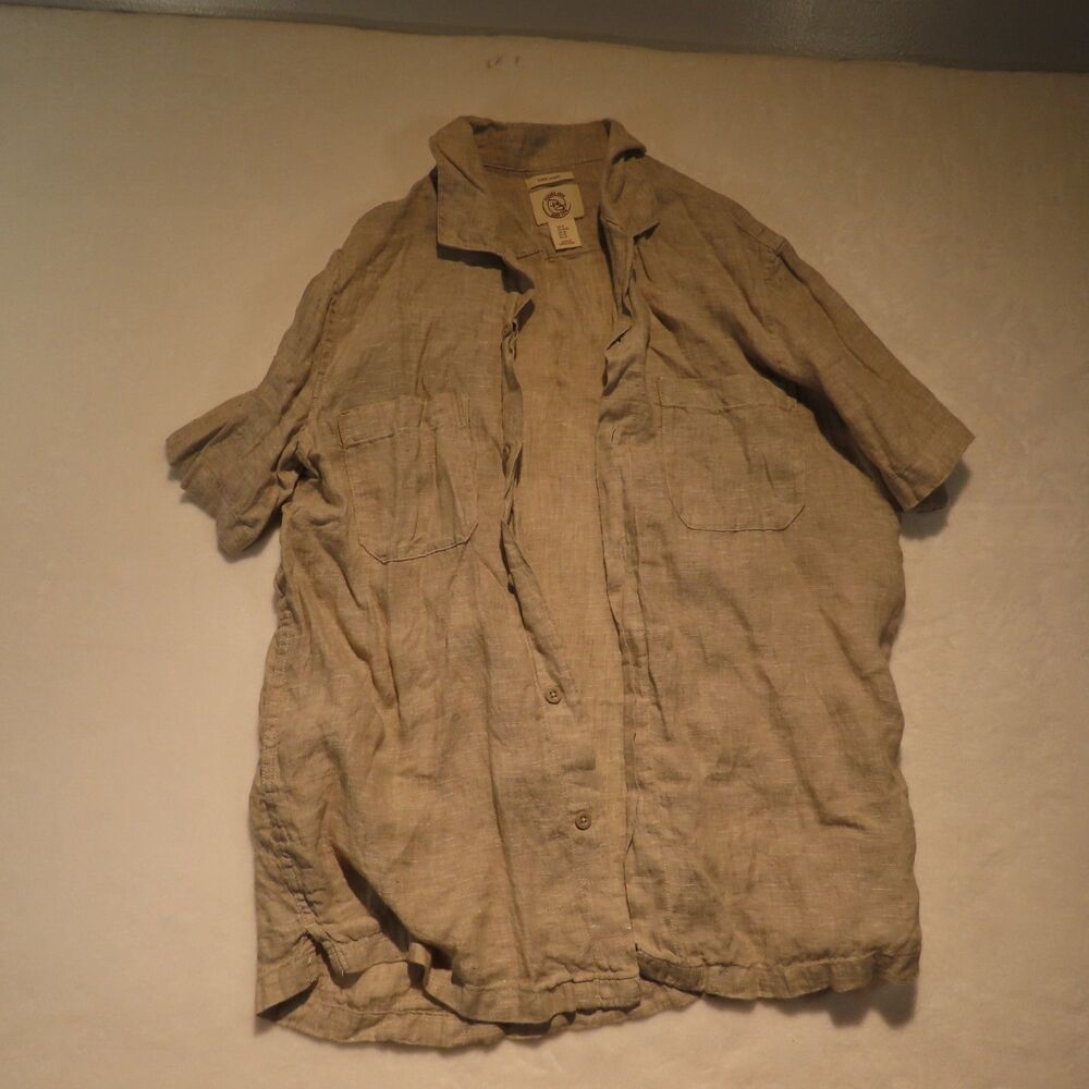 Panama Jack 100% Linen Shirt Mens Medium Tan Natural Beige Short Sleeve Button
